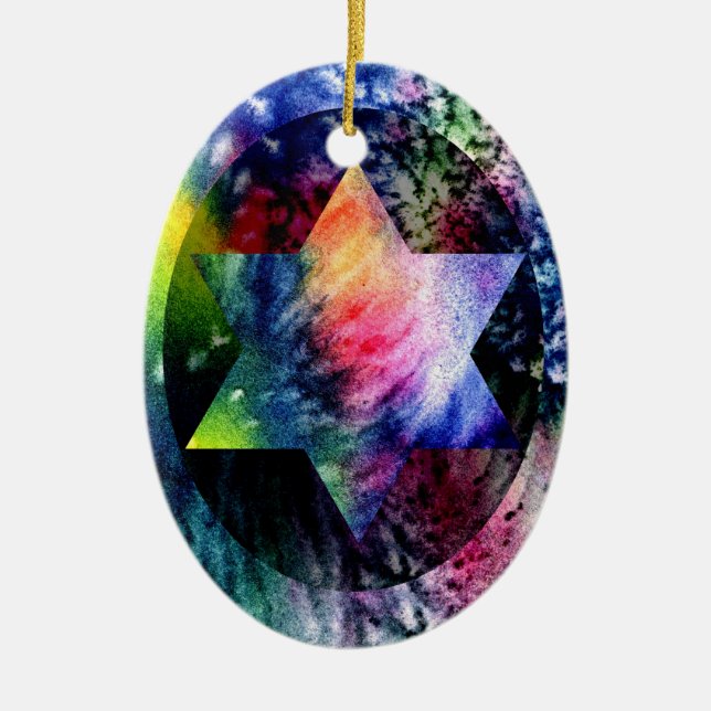 Rainbow Jewish Star Ceramic Ornament (Front)