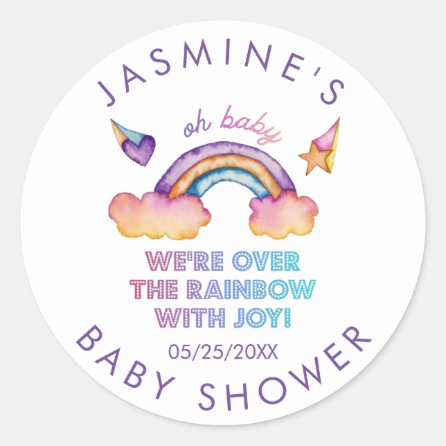 Rainbow Joy Baby Shower Favor Classic Round Sticker (Front)