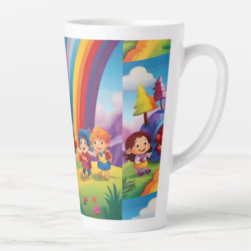 Rainbow Joy Latte Mug with Four Kids Design