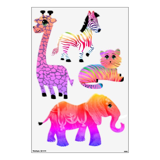 Rainbow Jungle Giraffe Zebra Tiger Elephant  Wall Decal (Front)
