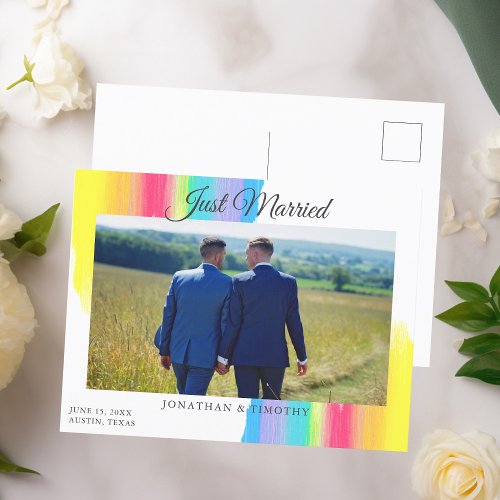 Rainbow Just Married Newlywed Photo Chic Wedding Announcement Postcard