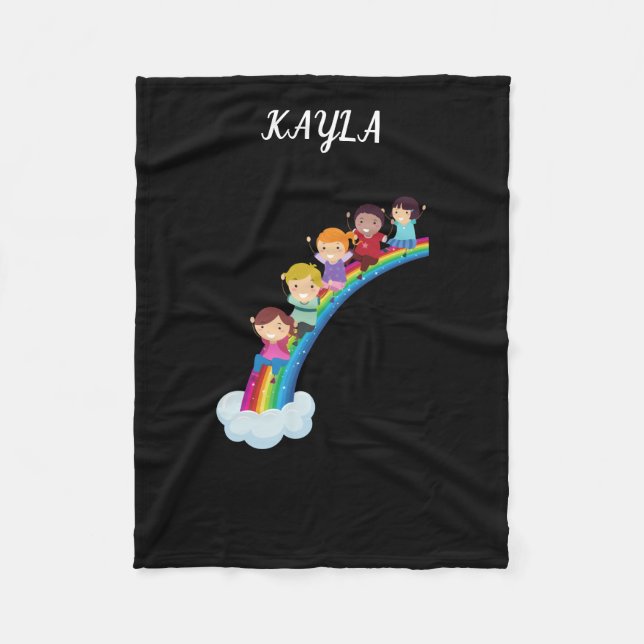 Rainbow kids fleece blanket personalized. (Front)