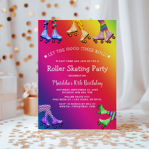 Rainbow Kids Roller Skating Birthday Party Invitation