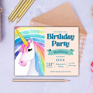 Rainbow Kids Unicorn 1st Birthday Party Invitation Postcard