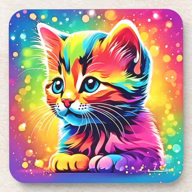 Rainbow Kitten Dream Beverage Coaster (Front)