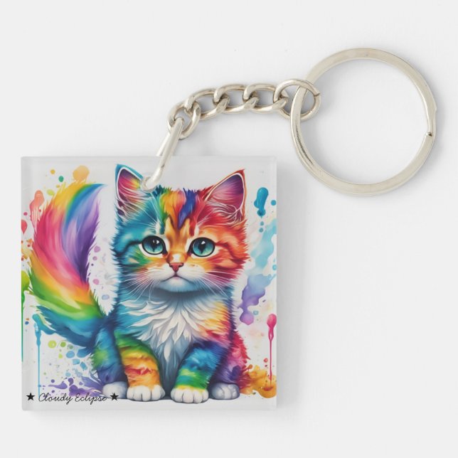 Rainbow Kitten Painter Acrylic Keychain (Back)