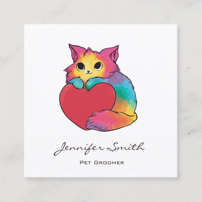 Rainbow Kitten Pet Groomer Square Business Card (Front)