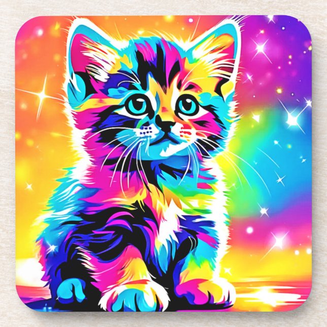 Rainbow Kitten Portrait Beverage Coaster (Front)
