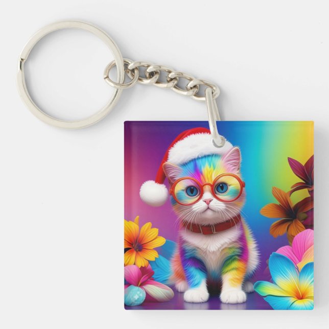Rainbow Kitten Santa Claus-57357 Keychain (Front)