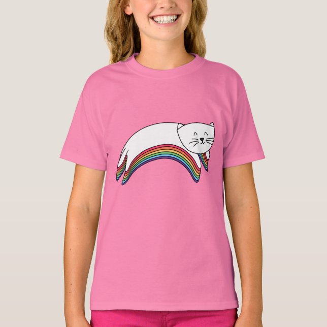 Rainbow Kitty Cute Girls' Ruffle T-Shirt (Front)