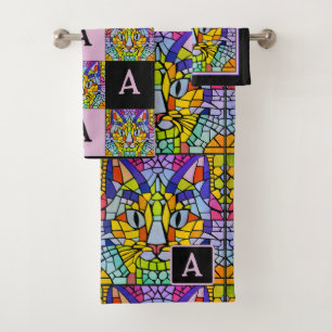 Rainbow Kitty Mosaic with Monogram for Cat Lovers Bath Towel Set