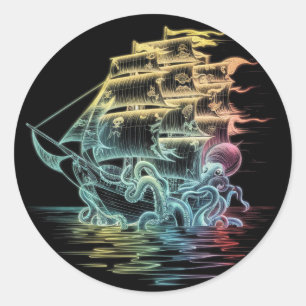 Rainbow Kraken Pirate Ship – Colorful Nautical Art Classic Round Sticker