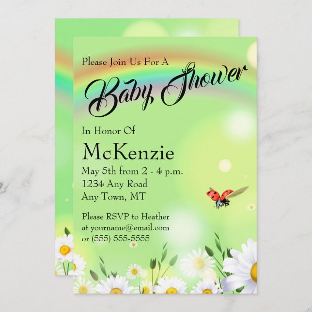 Rainbow Ladybug Daisies Floral Baby Shower Invitation (Front/Back)