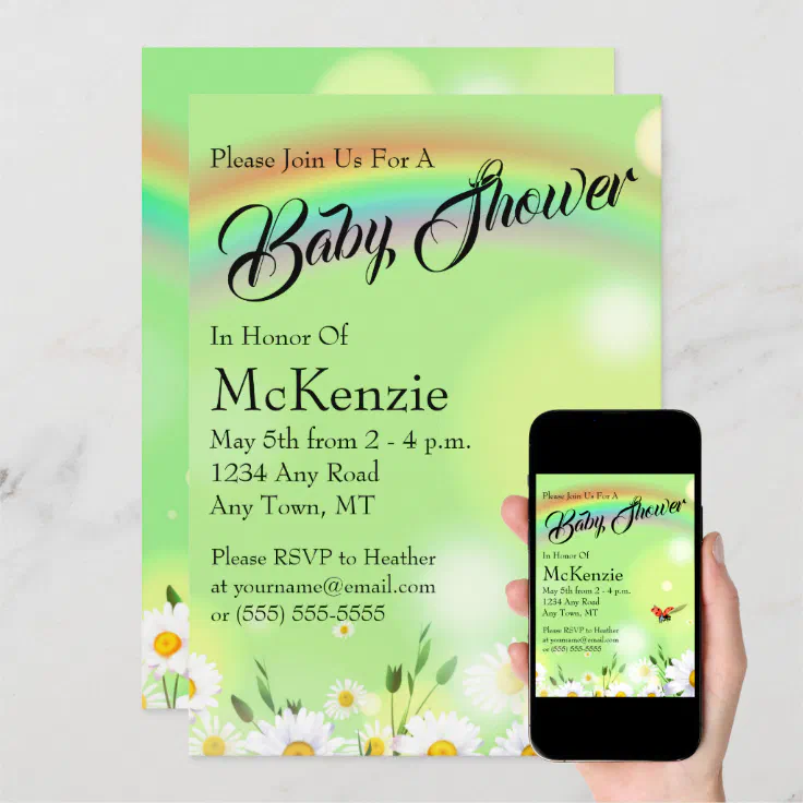 Rainbow Ladybug Daisies Floral Baby Shower Invitation Zazzle