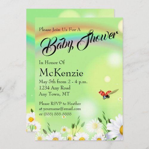 Rainbow Ladybug Daisies Floral Baby Shower Invitation