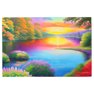 Rainbow Lake Landscape SUNSET Colorful Metal Print
