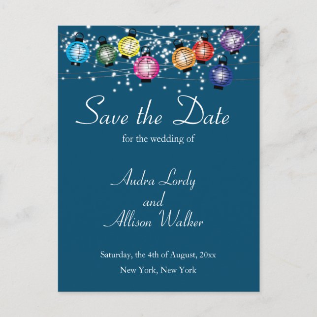 Rainbow Lantern Lesbian Gay Save the Date Postcard (Front)