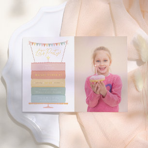 Rainbow Layer Cake Girl Photo Birthday Party Foil Invitation