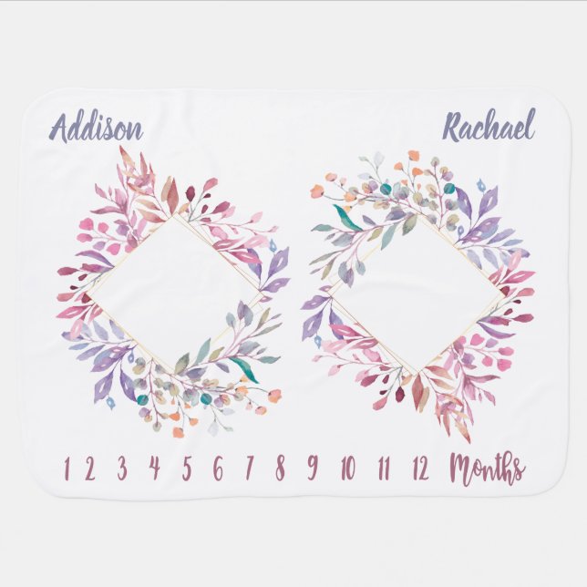 Rainbow Leaf Wreath Twins Milestone Baby Blanket (Horizontal)