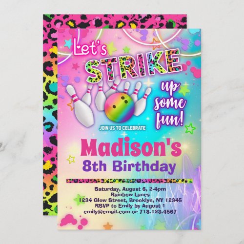 Rainbow Leopard Bowling Birthday Party Invitation