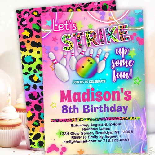 Rainbow Leopard Bowling Birthday Party Invitation