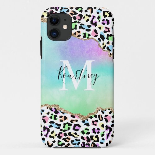 Rainbow Leopard Monogram & Name iPhone 11 Case - Monogram colorful phone case featuring a multi-colored leopard print background, a rainbow ombre centre with gold glitter edges, your initial, and name.