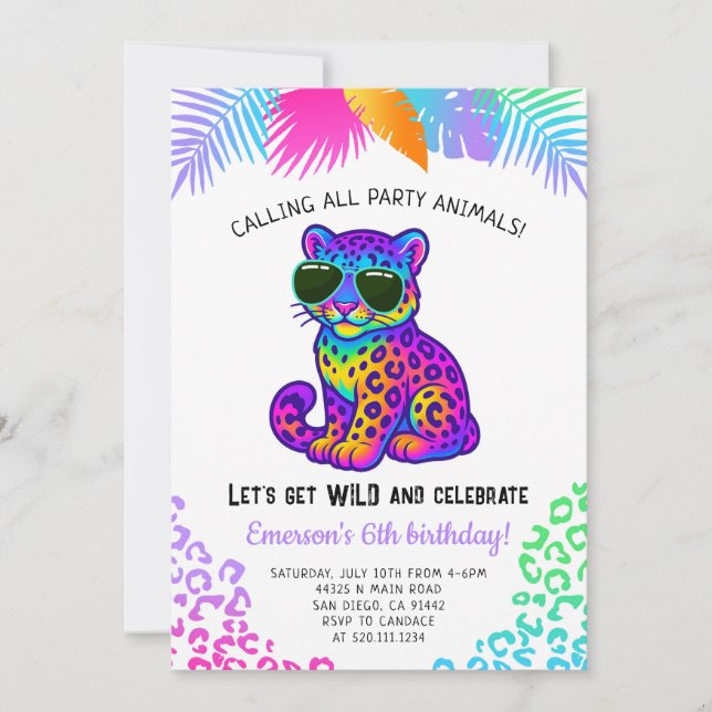 Rainbow Leopard Party Animals Birthday Invitation (Front)