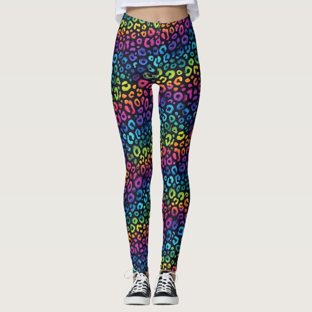 Rainbow Leopard Print Leggings | Bold Colorful (Front)