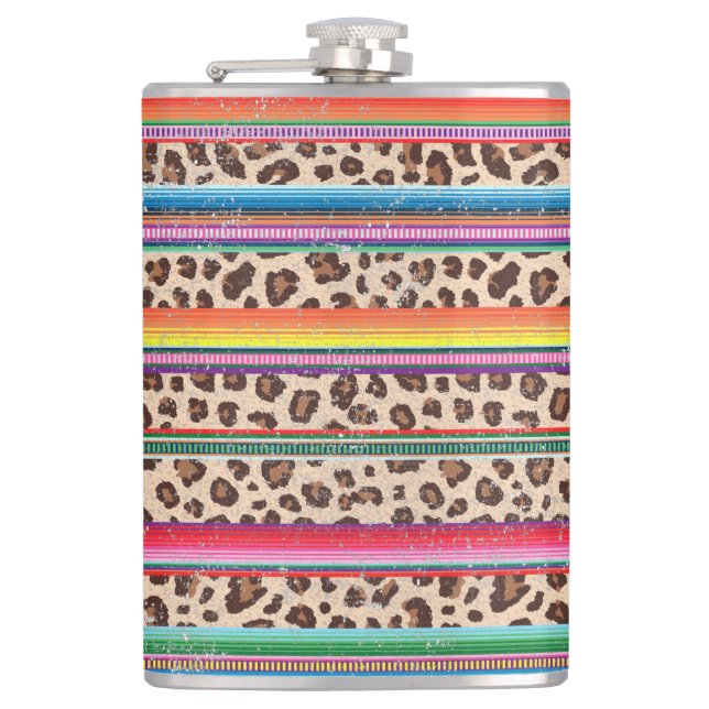 Rainbow Leopard Print Modern Girly Animal Pattern Flask (Front)