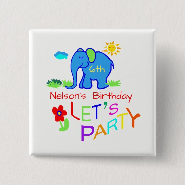 Rainbow Let's Party Elephant Name & Age Birthday Button (Front)