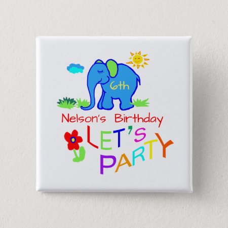 Rainbow Let's Party Elephant Name & Age Birthday Button