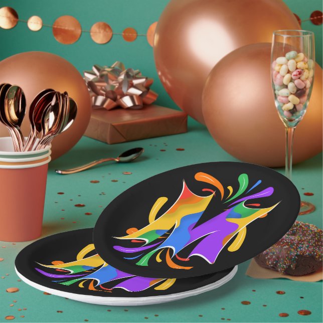 Rainbow Letter M Monogram Abstract Paper Plates (Multi)