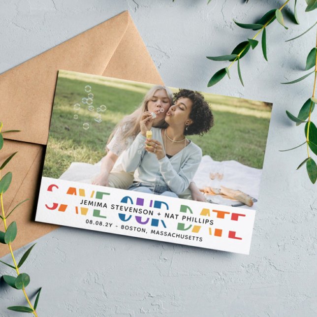 Rainbow Letters White LGBTQ+ Typography Photo Save The Date (Creator Uploaded)