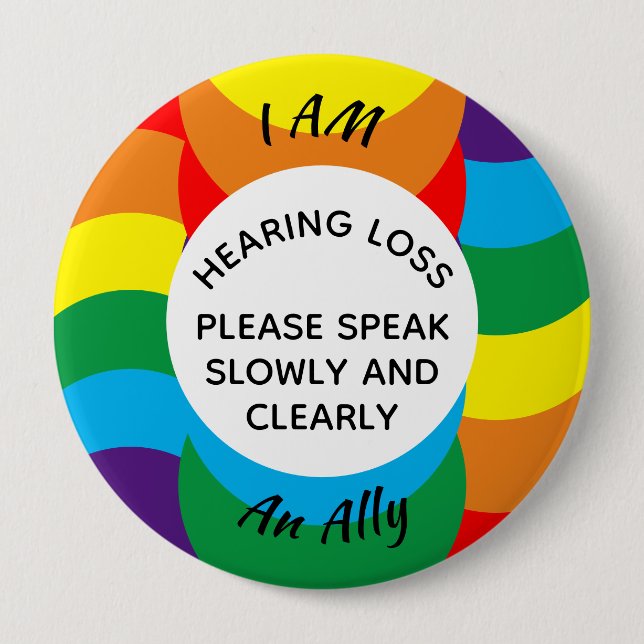 Rainbow LGBT+  Ally Geometric Hard of Hearing Button (Front)