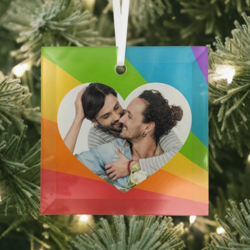 Rainbow LGBT Couple Photo Romantic Heart Christmas Glass Ornament