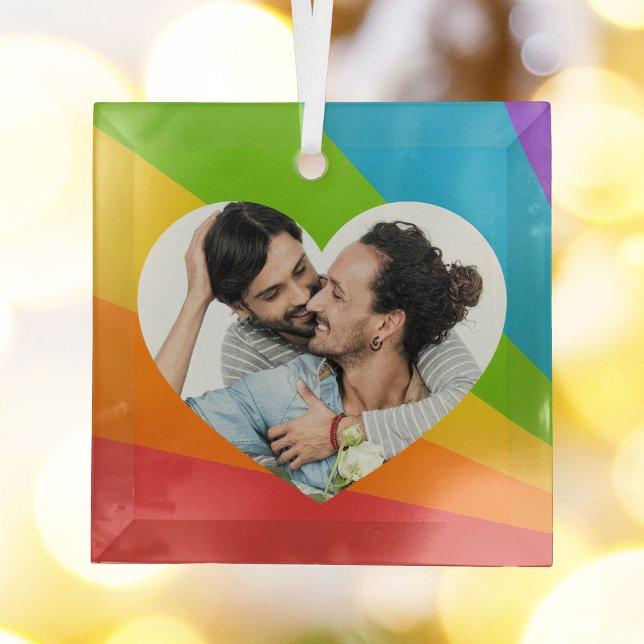 Rainbow LGBT Couple Photo Romantic Heart Christmas Glass Ornament (Creator Uploaded)