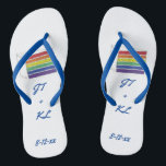 Rainbow LGBT Gay Wedding Layer Cake Flip Flops<br><div class="desc">Flip-flops feature an original marker illustration of a rainbow wedding cake slice topped with vanilla frosting. Simply personalize with your initials and date information for a unique wedding favor!</div>