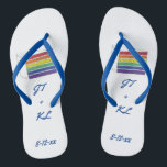 Rainbow LGBT Gay Wedding Layer Cake Flip Flops<br><div class="desc">Flip-flops feature an original marker illustration of a rainbow wedding cake slice topped with vanilla frosting. Simply personalize with your initials and date information for a unique wedding favor!</div>