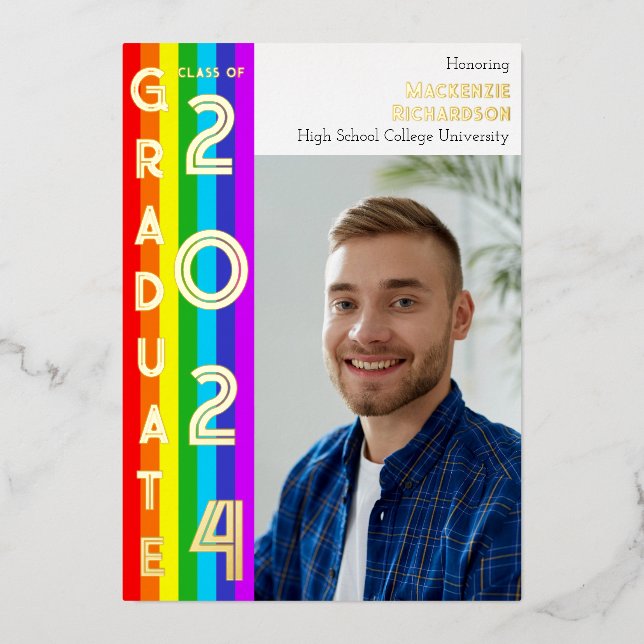 Rainbow LGBT Graduation Party Photo Gold Foil Invitation (Front)