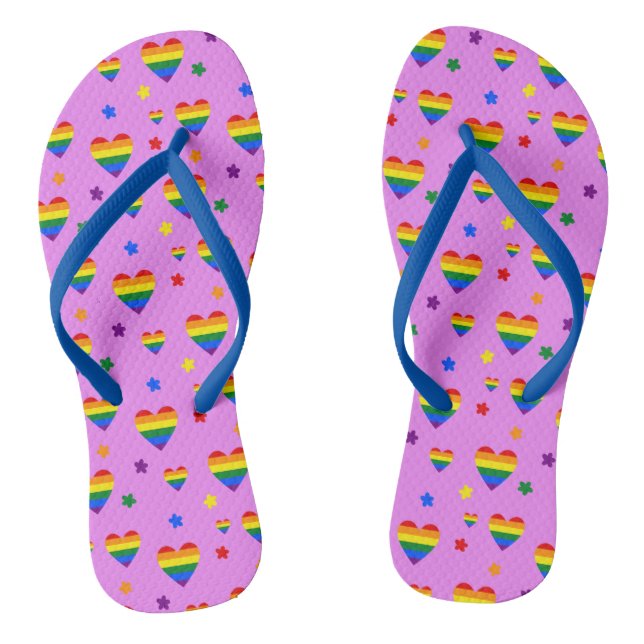 Rainbow LGBT Hearts and Colorful Flowers Pattern Flip Flops (Footbed)