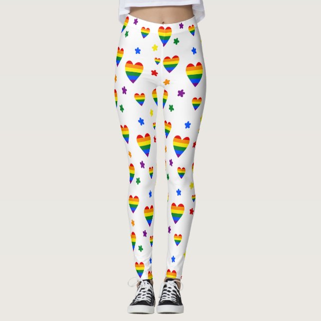 Rainbow LGBT Hearts and Colorful Flowers Pattern Leggings (Front)