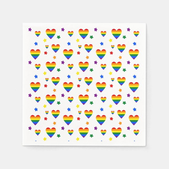 Rainbow LGBT Hearts and Colorful Flowers Pattern Napkins (Front)