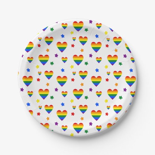 Rainbow LGBT Hearts and Colorful Flowers Pattern Paper Plates