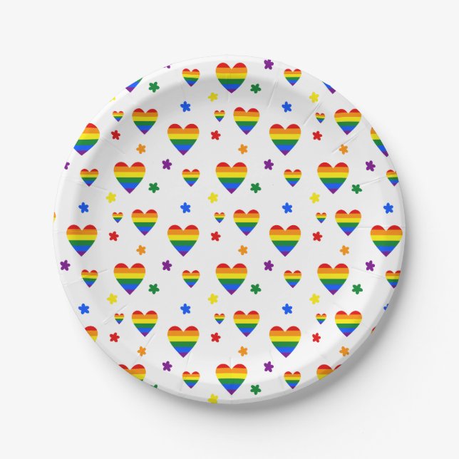 Rainbow LGBT Hearts and Colorful Flowers Pattern Paper Plates (Front)