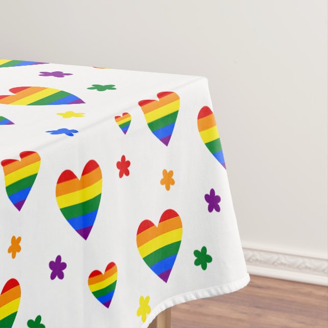 Rainbow LGBT Hearts and Colorful Flowers Pattern Tablecloth (In Situ)
