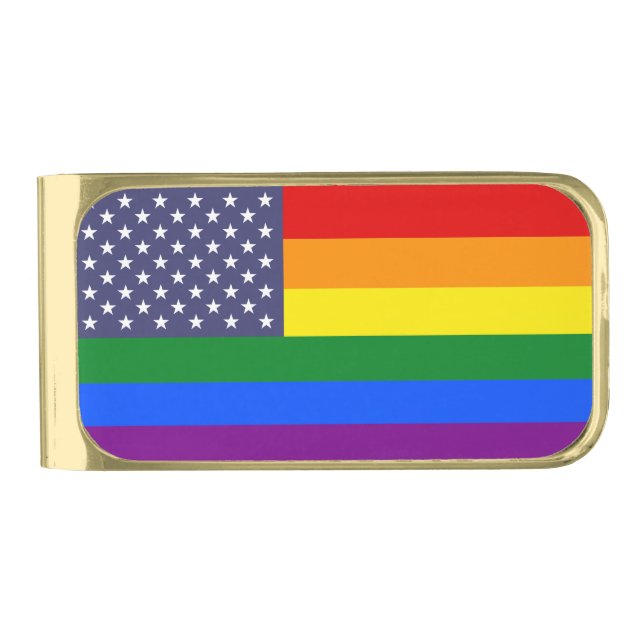 Rainbow LGBTQ American Pride Diversity Flag Gold Finish Money Clip (Front)