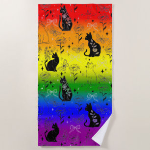 Rainbow LGBTQ Pride Black Cat - Mystical Witchy Beach Towel