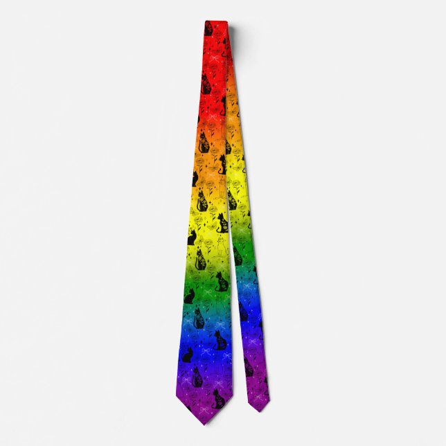 Rainbow LGBTQ Pride Black Cat - Mystical Witchy Neck Tie (Front)