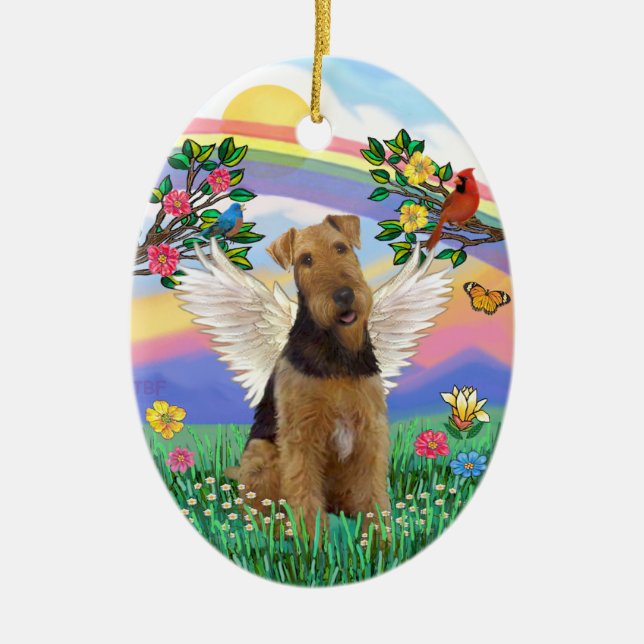 Rainbow Life - Airedale Angel Ceramic Ornament (Front)