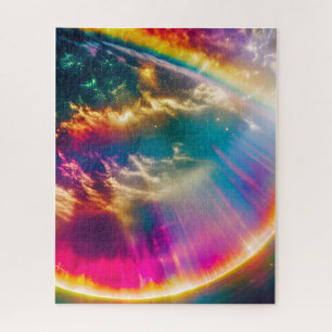 Rainbow Light Shining Behind Clouds in Starry Sky Jigsaw Puzzle